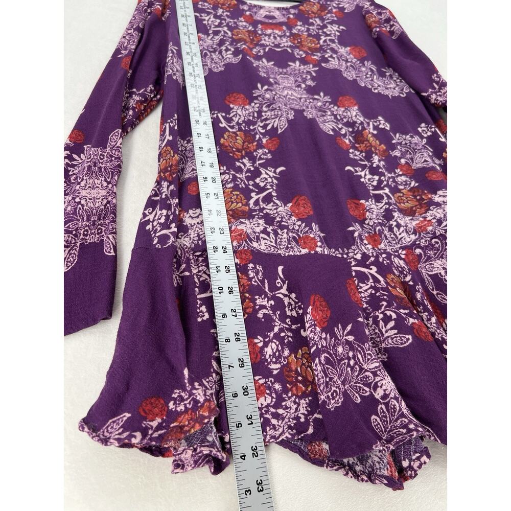 Free People Purple Floral Boho Tunic Top Open Back Bell Sleeve Womens Large - Picture 5 of 12